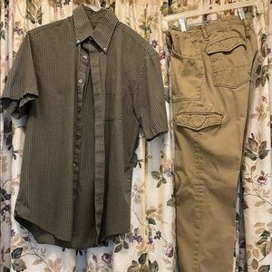 Nice Van Heusen men green shirt S 14 and tan cargo pants size 30/30